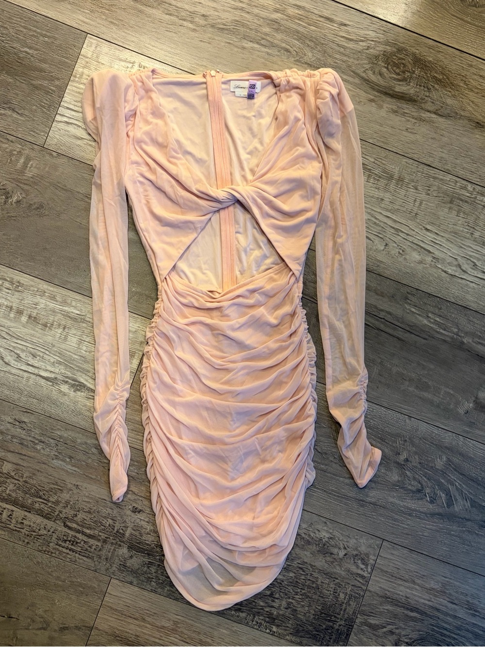 Lovers + Friends Pale Pink Sheer Ruched Twist-Front Long Sleeve Mini Dress